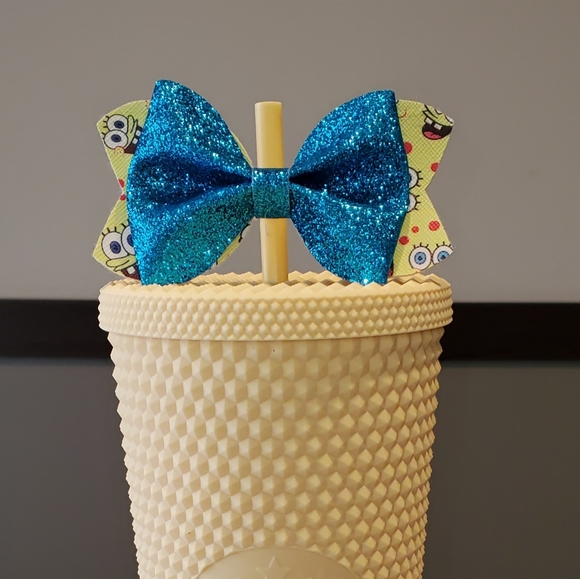 Accessories - Blue Glitter Yellow SpongeBob Bow Straw Topper